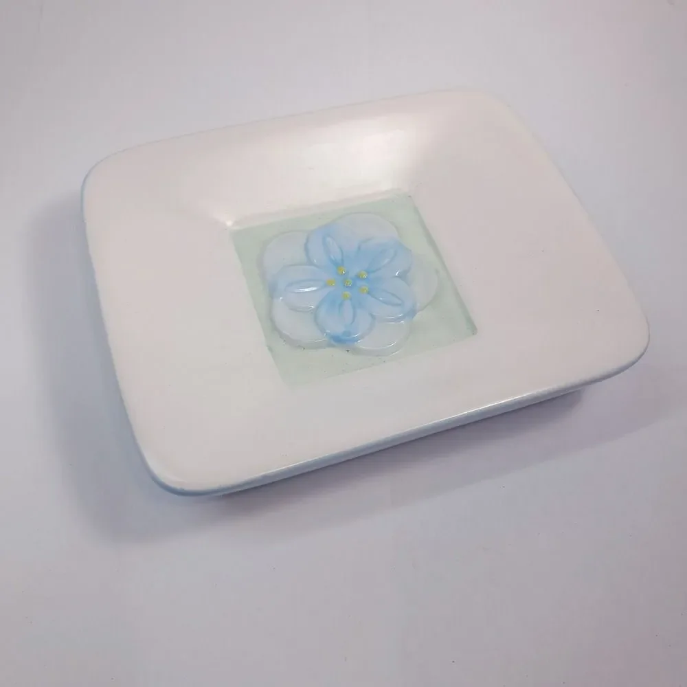 Vintage Wamsutta soap dish blue floral flower patch cottagecore ceramic white